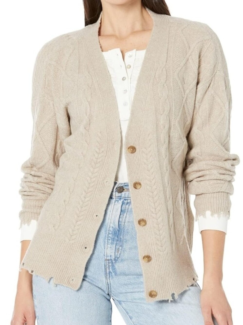 Lucky Brand Tan Cable Knit Distressed Cardigan